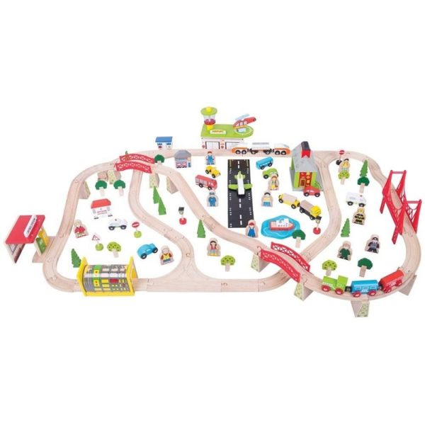 Дървено влакче с релси Bigjigs Rail с летище и превозни средства BJT018 1